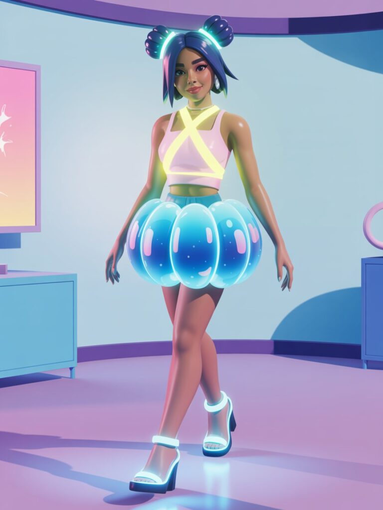 Neon meets puff! Glow-in-the-dark crisscross crop top + bubble tutu in electric blue