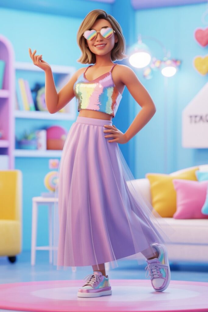 Candy Pop Diva — sequin top + tulle maxi + heart shades + Pose 28.