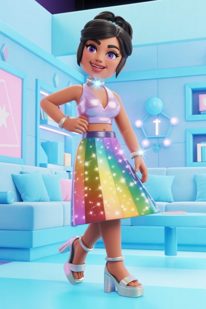 Cupcake Cutie — Myra Magical Heels + rainbow toggle-4 skirt + lavender jewelled choker.
