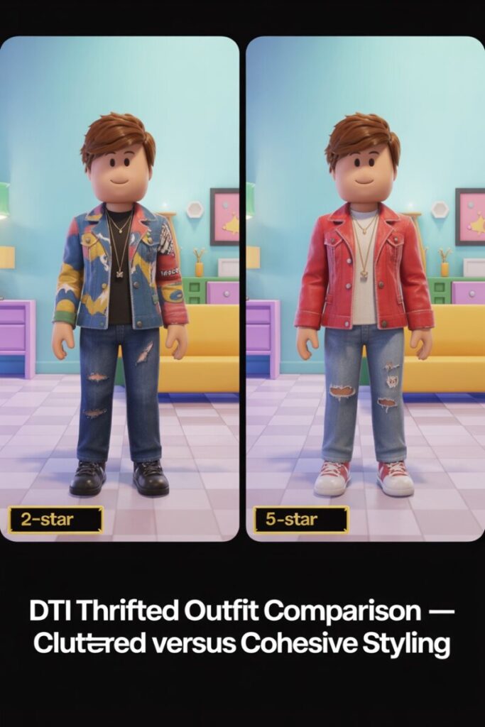 DTI thrifted outfit comparison — cluttered versus cohesive styling