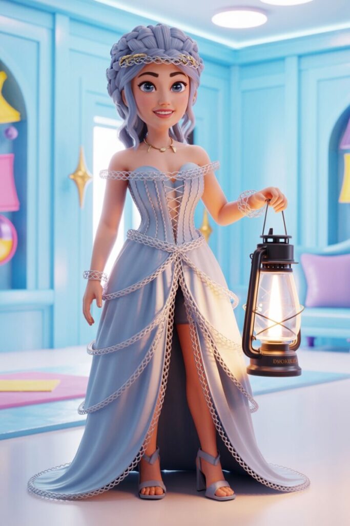 Ethereal Weaver Silver-thread corset, layered pale-lilac skirt, braided crown, and a lantern prop — perfect for fantasy rounds.