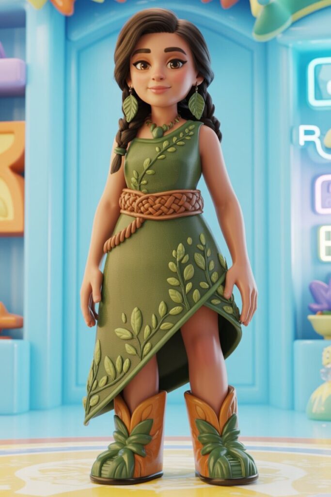 Forest Loom Earthy green asymmetrical dress, leaf earrings, leather-woven belt, and loose ribbon braids for casual elegance.