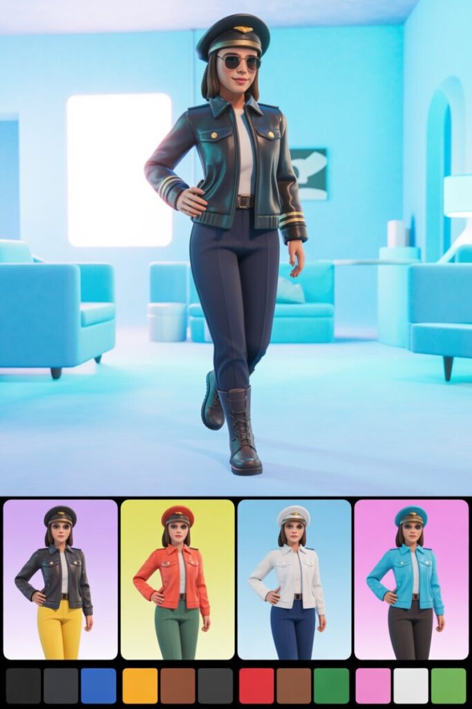 Grid of 4 outfit screenshots — one from each category above — with palette swatches below each.