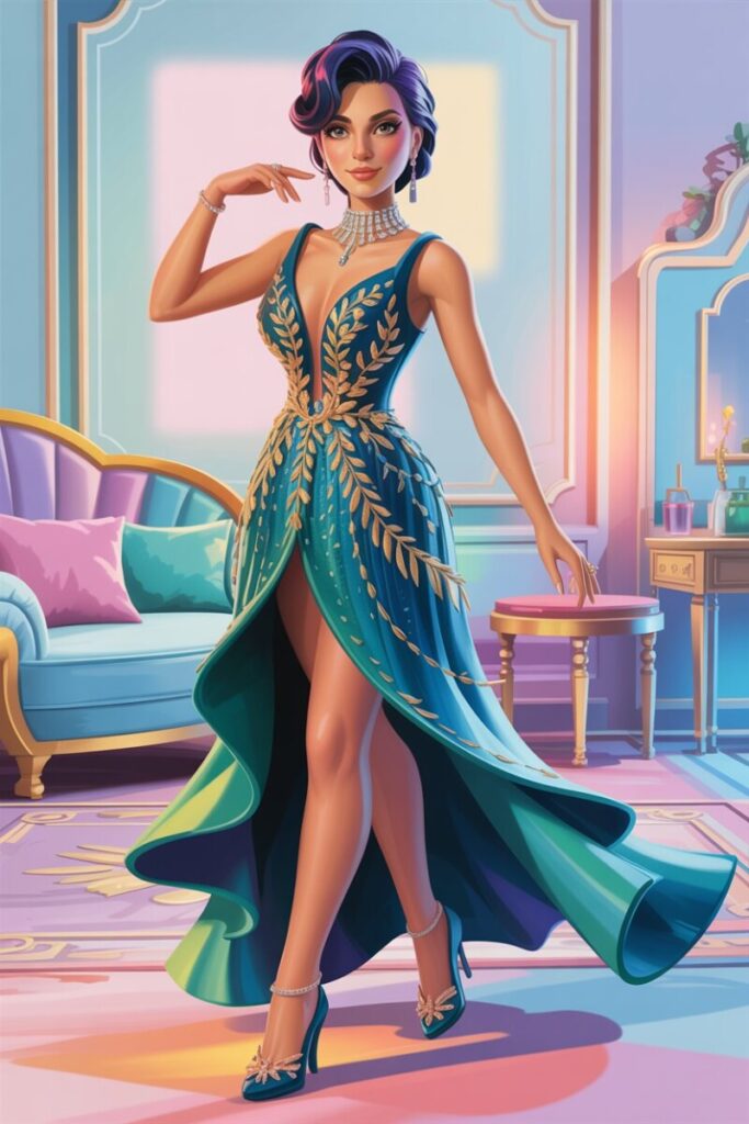 Jewel Tapestry Evening Deep-teal gown with gold-thread accents, crystal choker, and sleek updo for runway-winning scores.