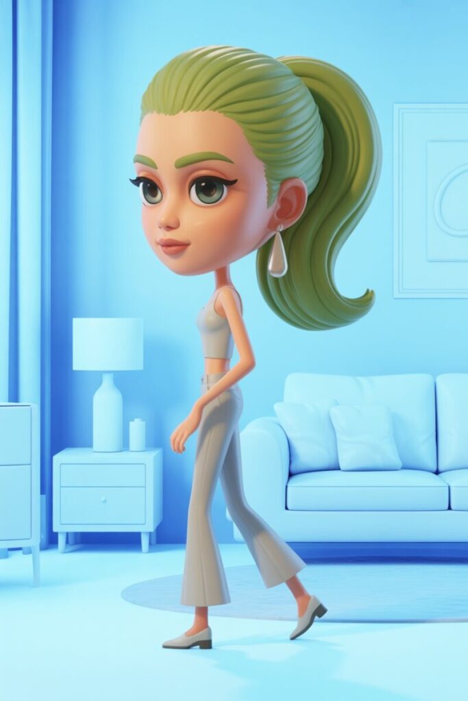 Minimalist Macaron — monochrome pistachio + sleek pony + single drop earring.