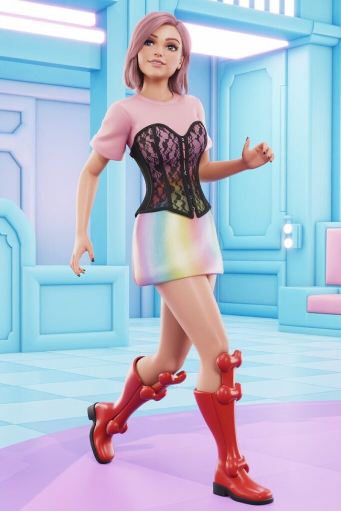 Pastel Goth Sugar — black lace corset over pastel pink + bone boots in spice red.