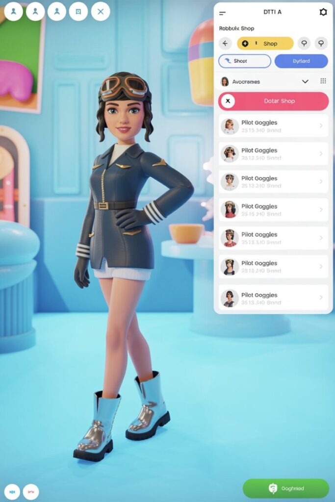 Side-by-side screenshot — in-game DTI shop view next to Roblox Avatar Shop search results for pilot goggles.