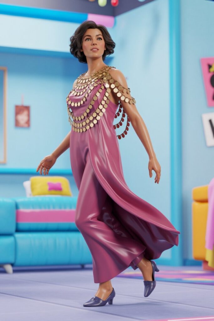 Spice Market — draped silk in #690c0e + gold coin layering + slow-turn pose.