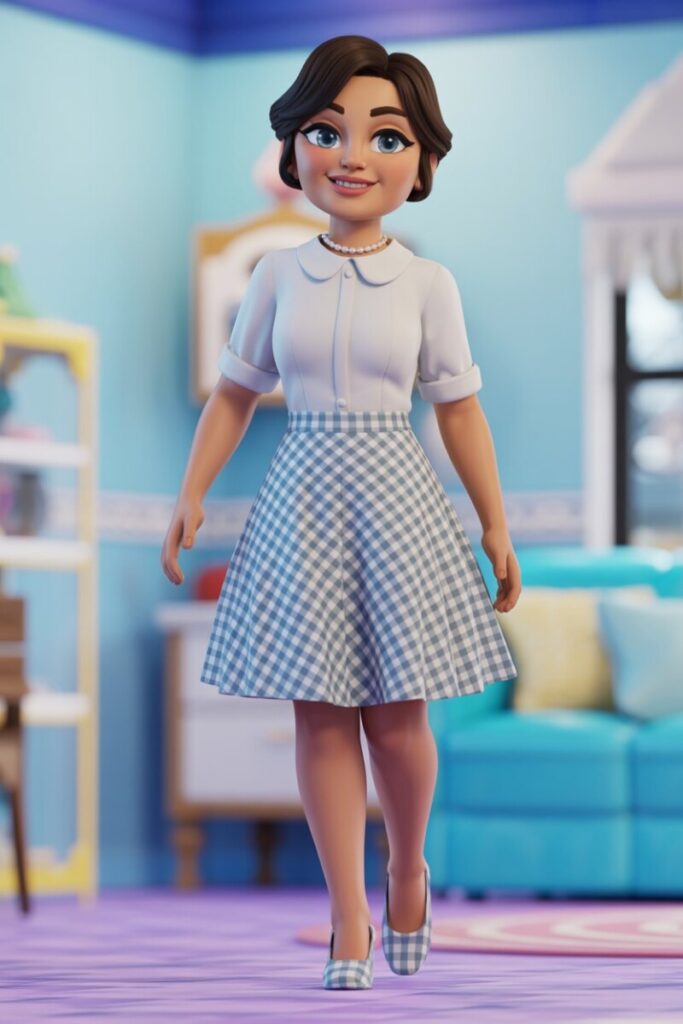 Vintage Sweet Shop — Peter Pan collar blouse, gingham A-line, pearl stack.