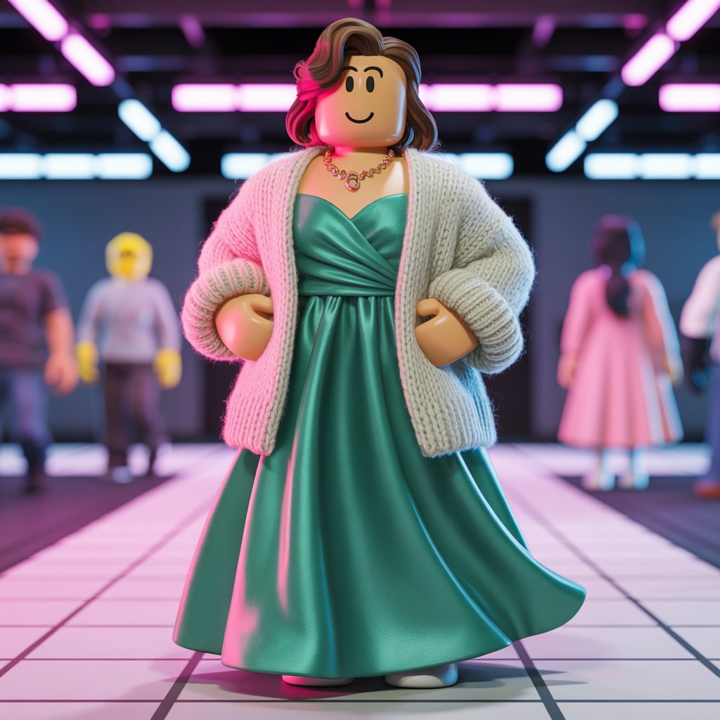 oblox Dress to Impress thrifted outfit with vintage satin gown and knit cardigan
