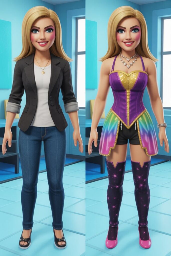 side-by-side beforeafter reveal of a DTI avatar switching from civilian to alter ego look.