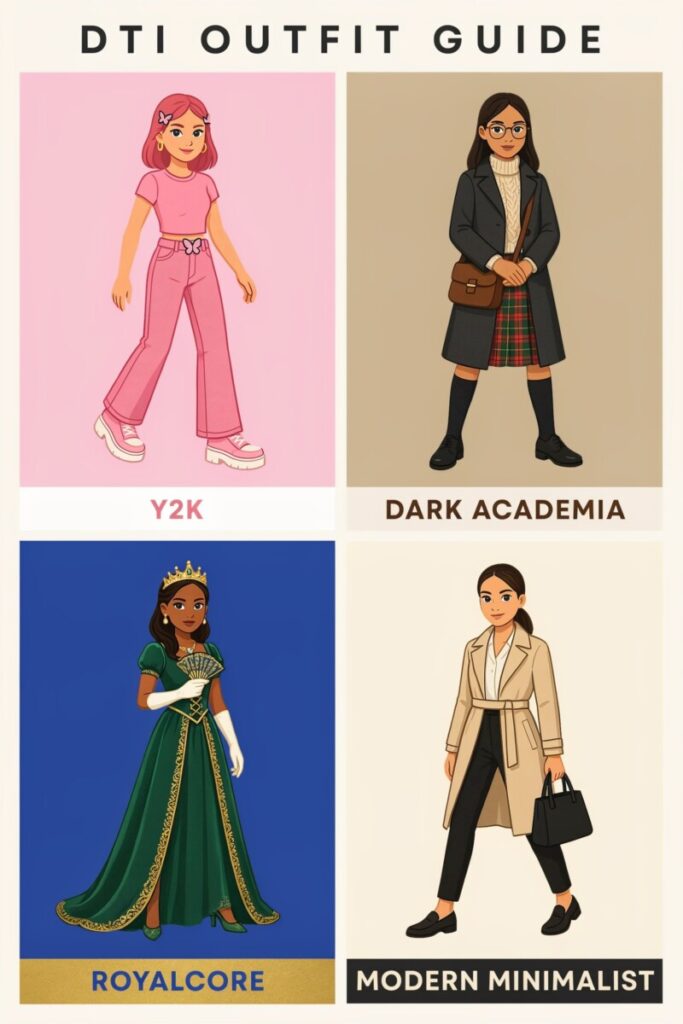 Grid of popular DTI outfit combinations including Y2K, Dark Academia, and Royalcore